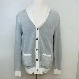 INC Cardigan Men Large Button Up  White Gray Texture Grandpa Sweater 100% Cotton